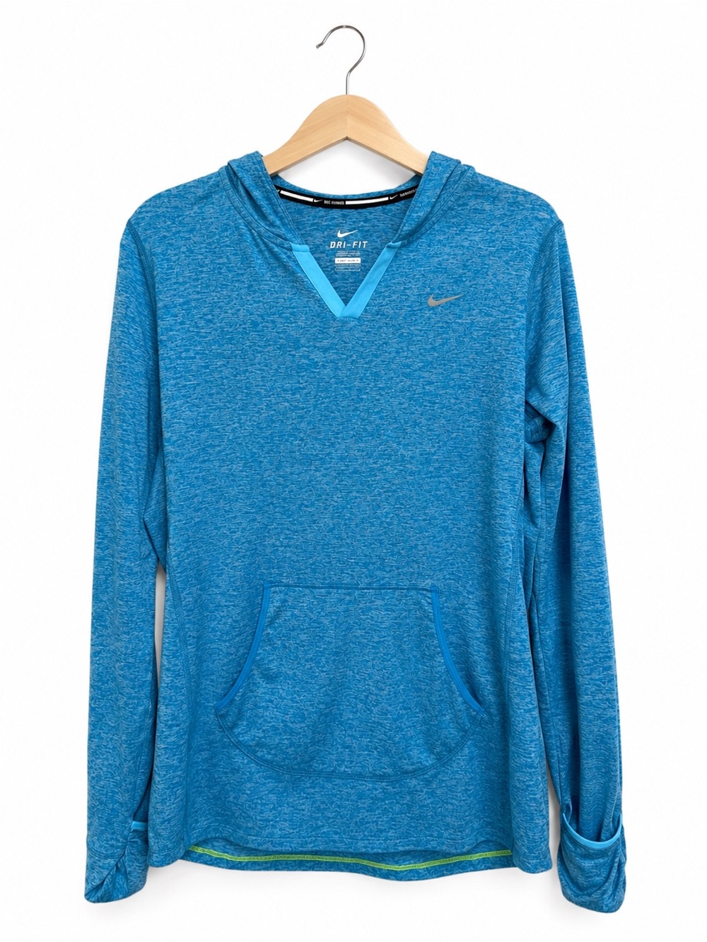 Nike Running Dri-FIT Blue Heather Hooded Running Top Thumbholes Women's Large
